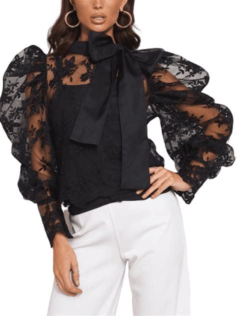 eyicmarn women bow tie neck lace floral mesh sheer see through top long puff sleeves tee shirt