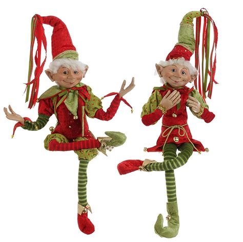 Set Of 2 Extra Tall Pose Able Christmas Elves 34 High Red Gold And