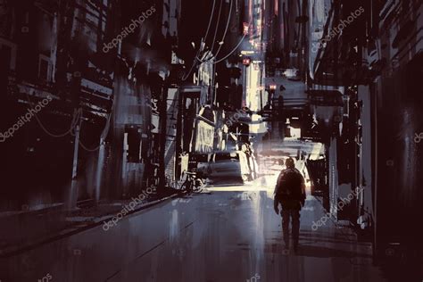 Man Walking Alone In Dark City Stock Photo By ©grandfailure 98452580