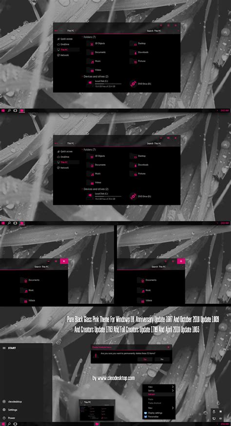Pure Black Glass Pink Theme Windows 10 October 2018 Update 1809