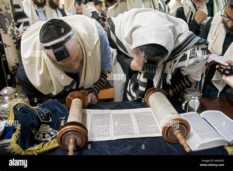 Two Orthodox Religious Jewish Men At A Torah Reading At Morning
