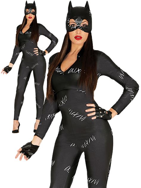Ladies Black Catwoman Costume Spandex Catsuit Halloween Fancy Dress