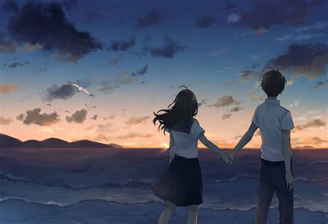 By My Side Sunset Sky Anime Boy Sea Boy Girl Anime Love Anime