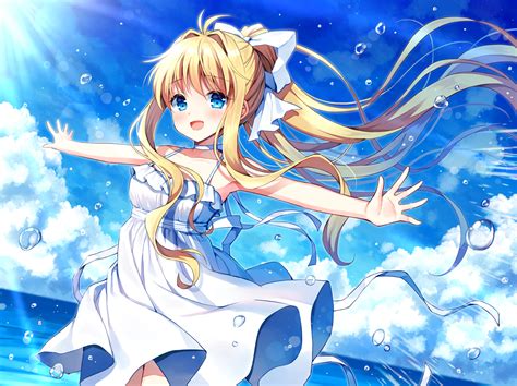 Air Aqua Eyes Blonde Hair Blush Clouds Dress Kamio Misuzu Long Hair