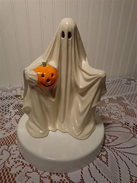 Vintage Ceramic Halloween Ghost Light Ghost Holding A Pumpkin Light