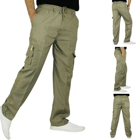Mens Lightweight Elasticated Waist Cargo Trousers Combat Work Pants