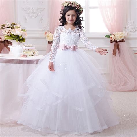 2018 White Puffy Lace Flower Girl Dress For Weddings Long Sleeves Ball