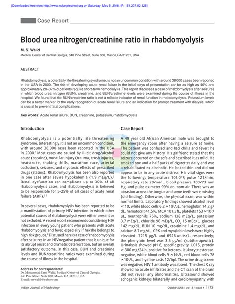 Pdf Blood Urea Nitrogencreatinine Ratio In Rhabdomyolysis