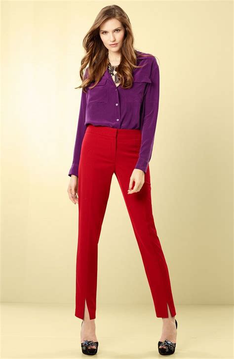 Purple Shirt And Red Pants Purple Shirt Outfits Shirt Blouse Outfit Red Pants Outfit