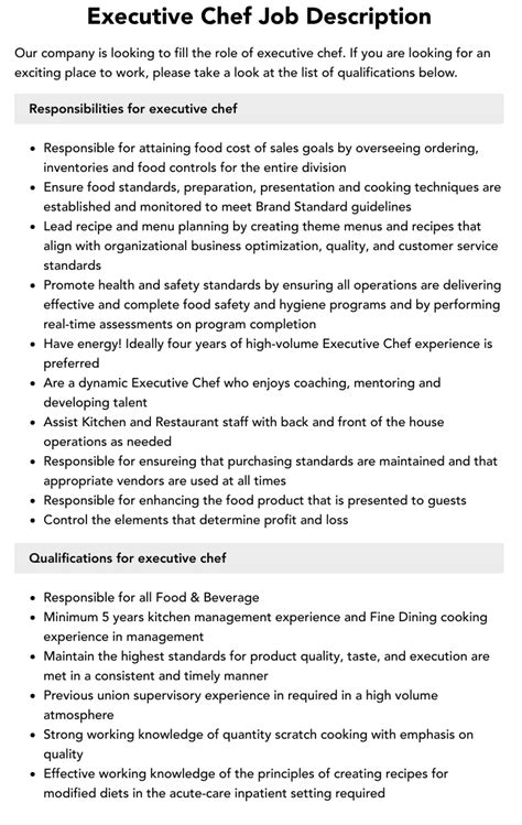 Executive Chef Job Description Velvet Jobs