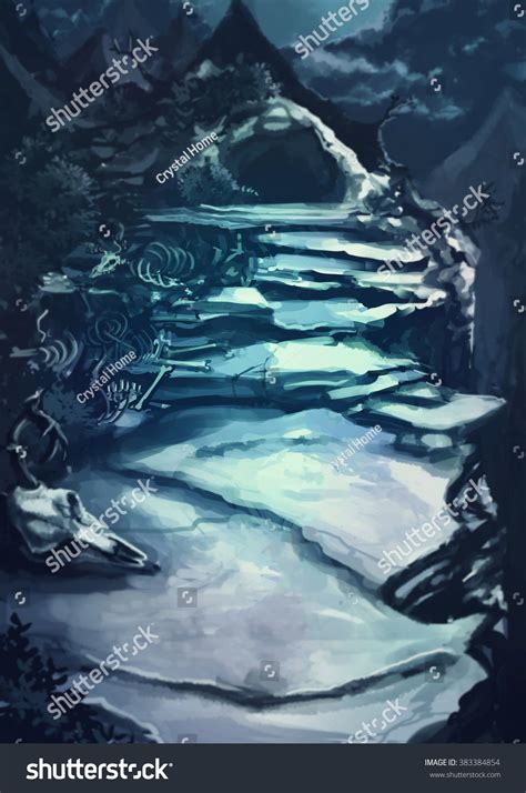 Watercolor Cartoon Illustration Dark Scary Cave Stock Illustration