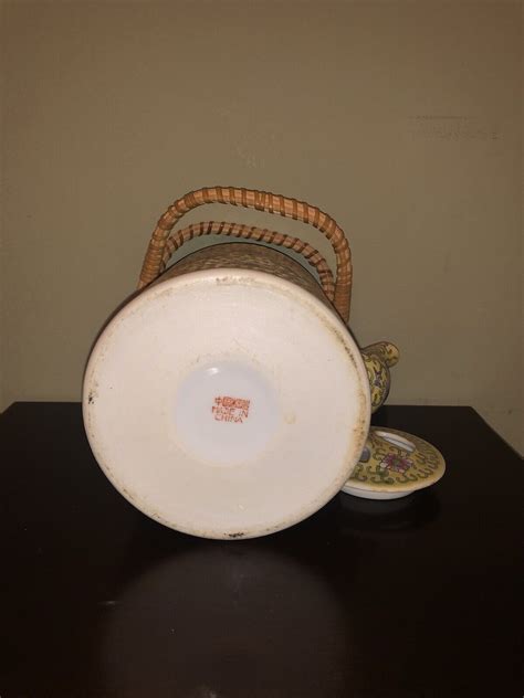 Antique Mun Shou Wan Yellow Longevity Teapot Large Double Rattan Handle