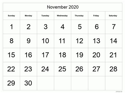 Printable November 2020 Calendar Template 1 Full Page Tabular