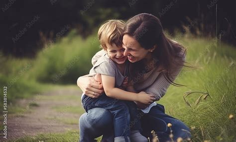 Young Brunette Mother Kneeling Hugging Her Son At Park Generative Ai