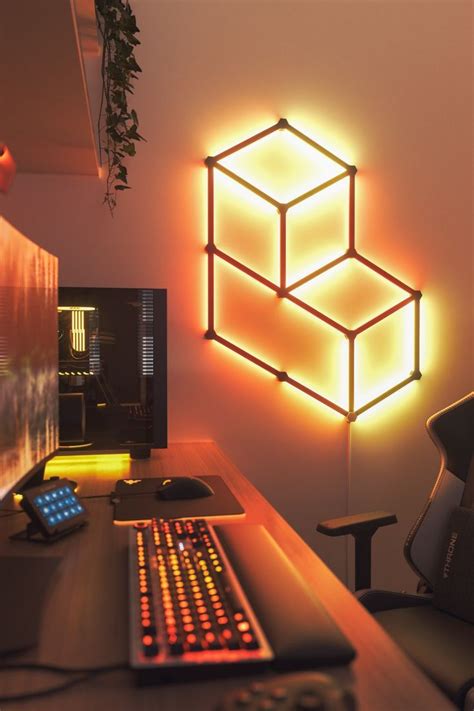 Orange Gaming Room Setup With Geometric Smart Led Lights Gaming Room