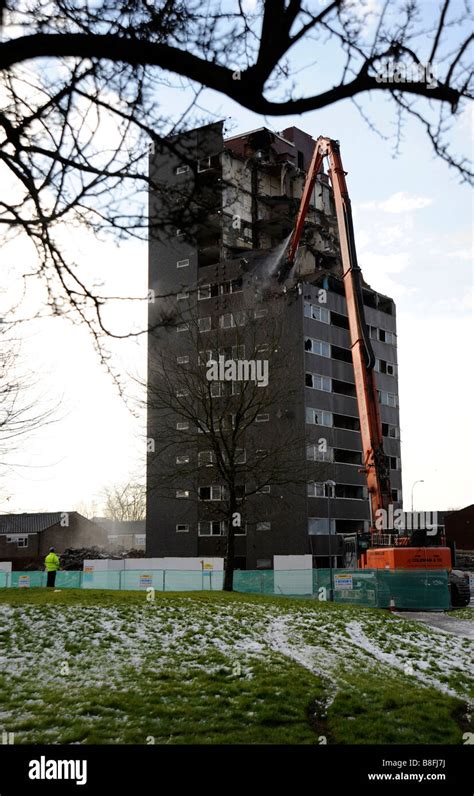 Demolition Of 1960s High Rise Tower Block Of Flats In The Inner City