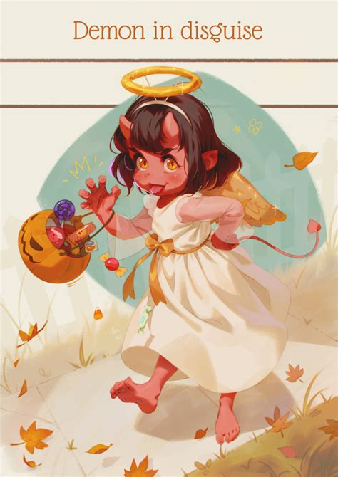 alkemanubis highres 1girl angel angel and devil angel wings apron autumn leaves barefoot