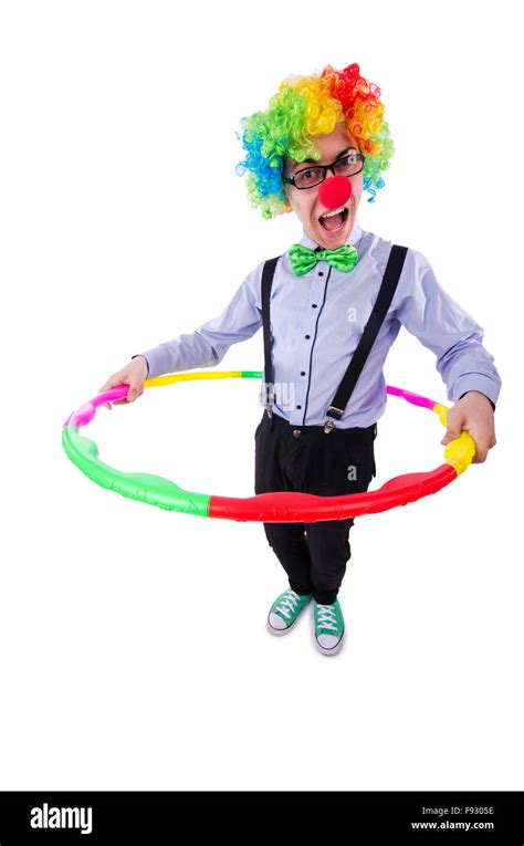 Funny Clown With Hula Hoop On White Stock Photo Alamy