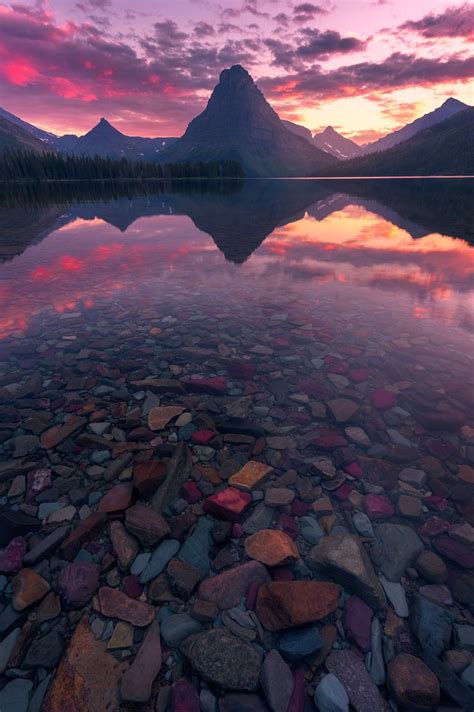Sunset Over Two Medicine Lake Glacier National Park Montana Usa Oc