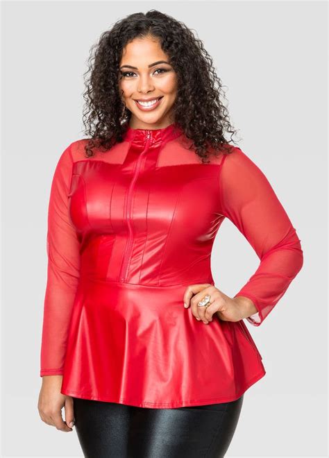 Mesh Faux Leather Peplum Top Plus Size Red Dress Leather Peplum Tops