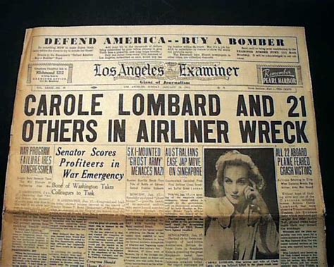 1942 Actress Carole Lombard Death Wwii