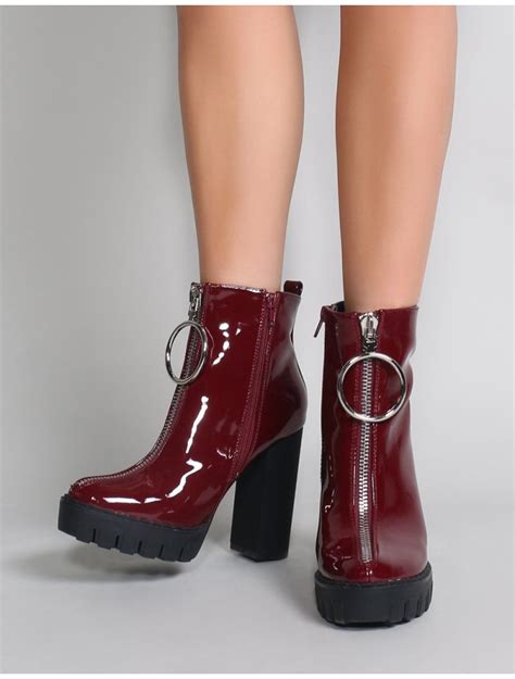 Legassy Platform Ankle Boots In Burgundy Patent Talons De Bloc Robe