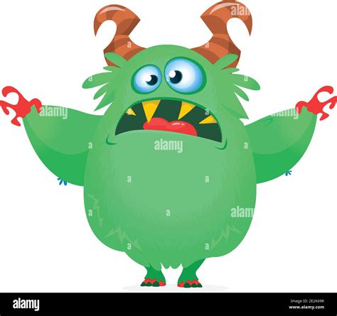 Cute Cartoon Monster With Horns Smiling Monster Emotion With Big Mouth Halloween Vector