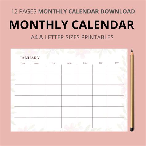 Monthly Blank Calendar Simple Calendar 2022 Calendar Etsy
