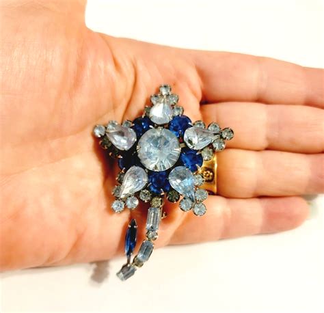 Vintage Large Blue Rhinestone Flower Brooch Pin Mid Gem