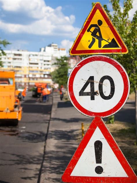 Road Work Speed Limit And Other Dangers Signs Stock Image Image Of