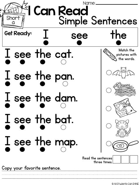 Worksheets For Kindergarten Reading Free Printable