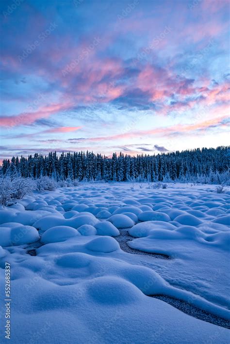 Stunning Landscape Of Snowy Mounds And Conifer Forest With Sunset