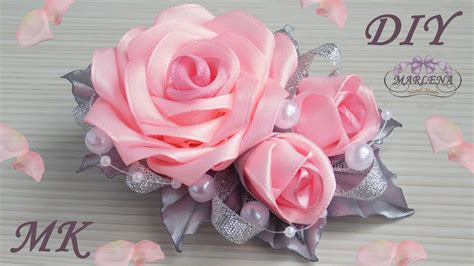 Роза канзаши 🌹 Нарядная заколка с букетиком роз МКdiy 👐 Youtube
