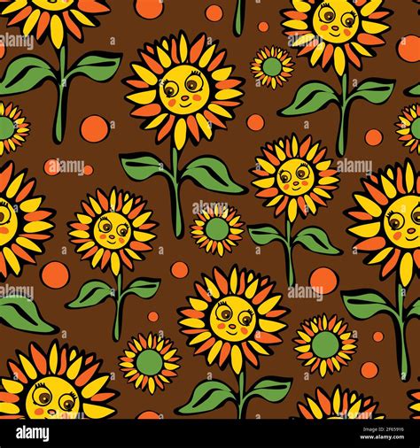 Seamless Vector Pattern With Cartoon Sunflowers On Brown Background