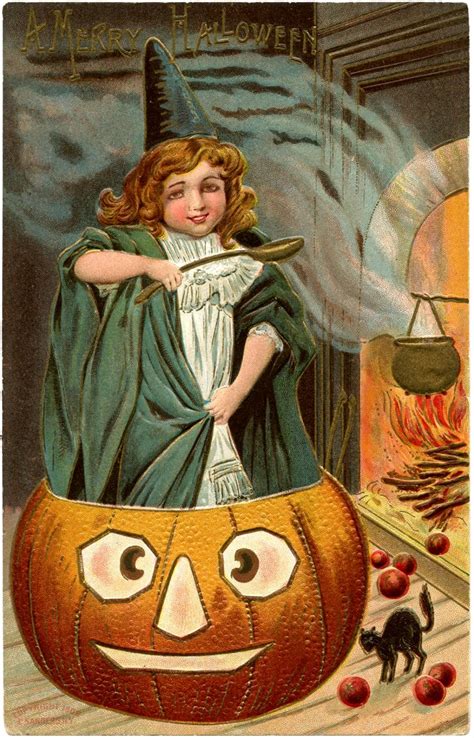 Vintage Halloween Picture - Cute Witch with Pumpkin! - The Graphics Fairy