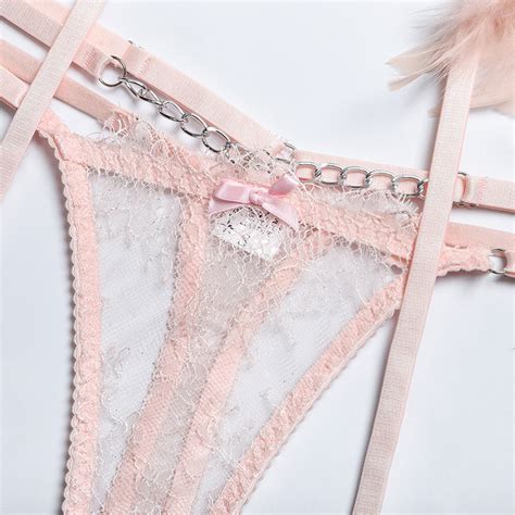 Women Lace Feather Eyelash Underwear Three Piece Sets Lady Pink Bra And Panties Garter Sexy