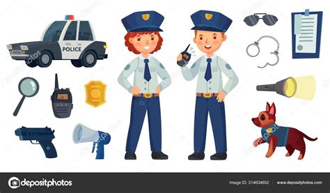 Cartoon Police Kids Little Boy And Girl In Patrol Suits Police Car