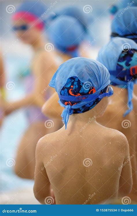 Children Swimming Competition In Pool Relay Race Stock Photo Image