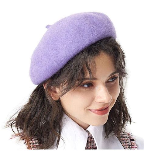 100 Wool French Beret For Women Classic Solid Color Artist Beret Knitted Cap Purple Cc18a2x7s0