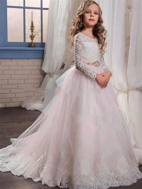 White Ball Gown Jewel Floor Length Flower Girl Dresses With Lace