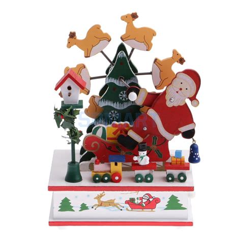 Wooden Music Box Christmas Santa Claus Kids Wind Up Toys Rotating Mini