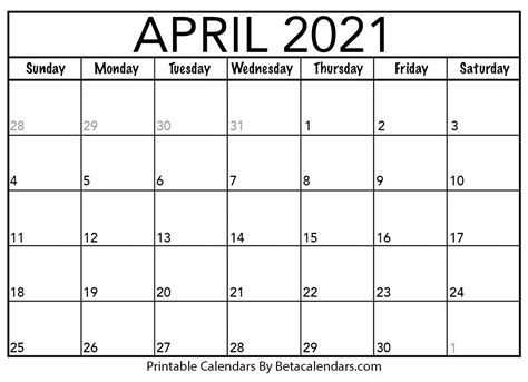 April 2021 Printable Calendar Pdf