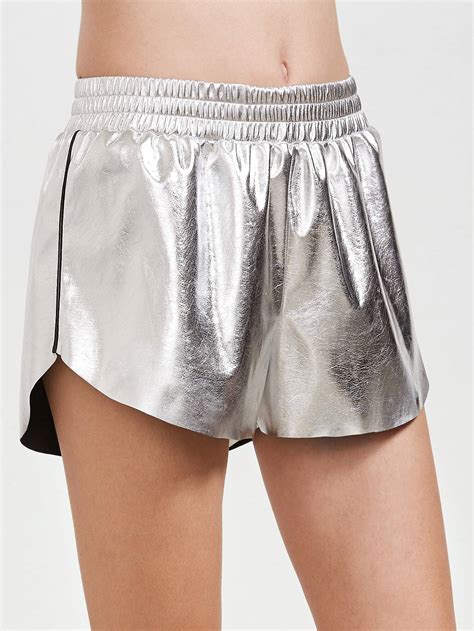 Metallic Silver Faux Leather Shorts Shein Sheinside