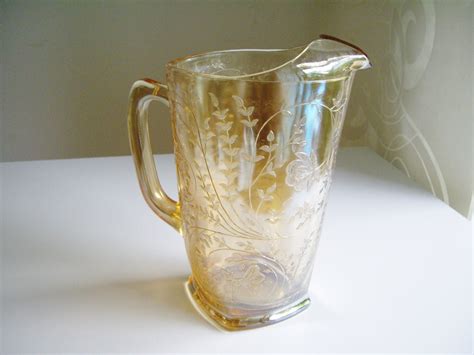 Vintage Glass Pitcher Floragold Pattern Iridescent Jeanette