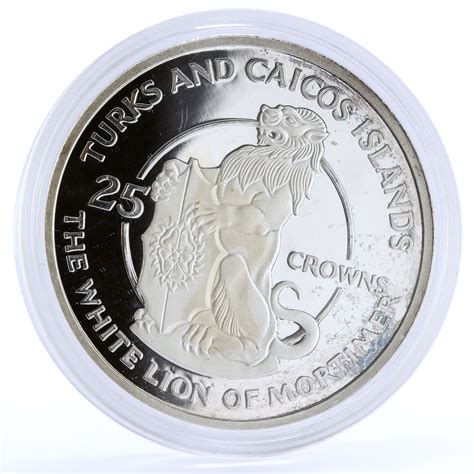 Turks And Caicos 25 Crowns Queen S Beast Mortymer White Lion Silver
