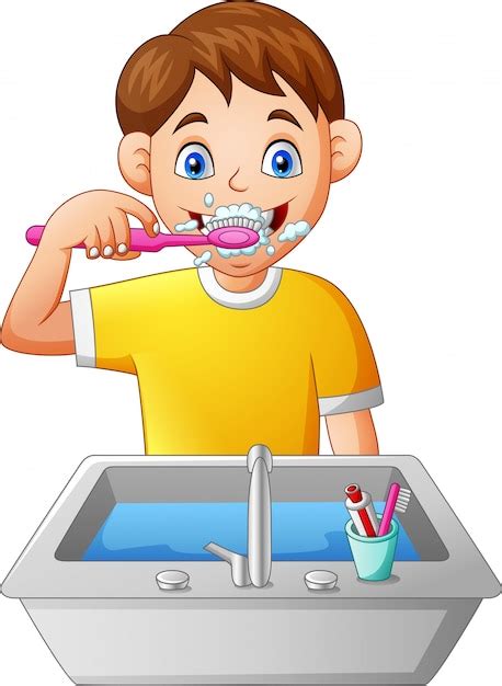 Cartoon Boy Brushing Teeth Premium Vector