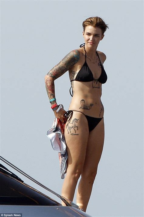 Ruby Rose Shows Off Her Tattoos In Black Bikini In Ibiza Daily Mail