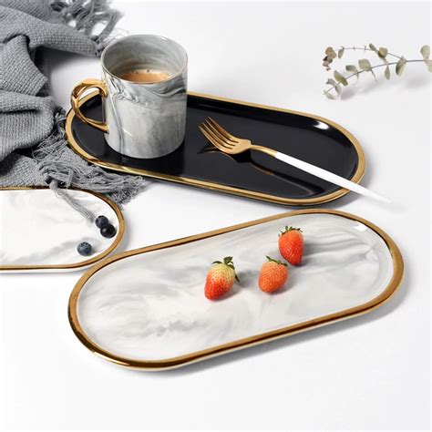 Fashionable Gold Plated Ceramic Marble Storage Trays Modern Kitchenware