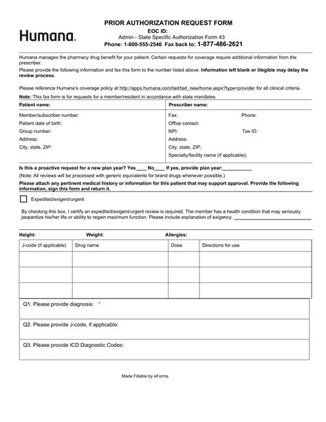 Free Humana Prior Rx Authorization Form Pdf Eforms