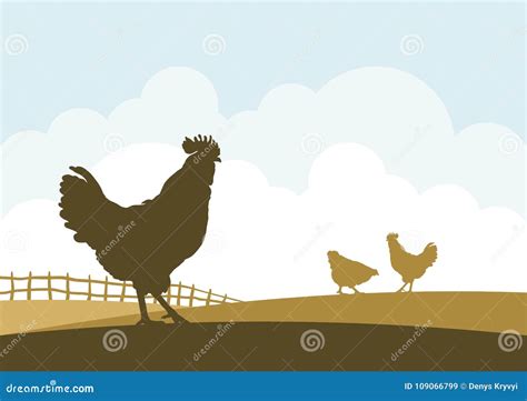 Cartoon Scene With Silhouettes Of Chickens On Background Of Farm Field